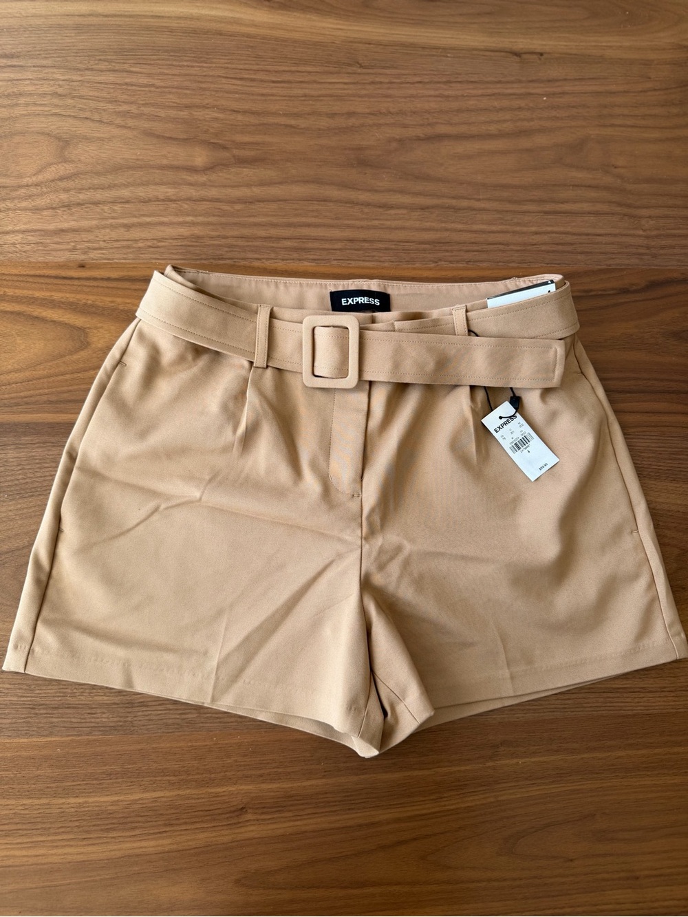 Express High-Waist Belted Shorts in Tan